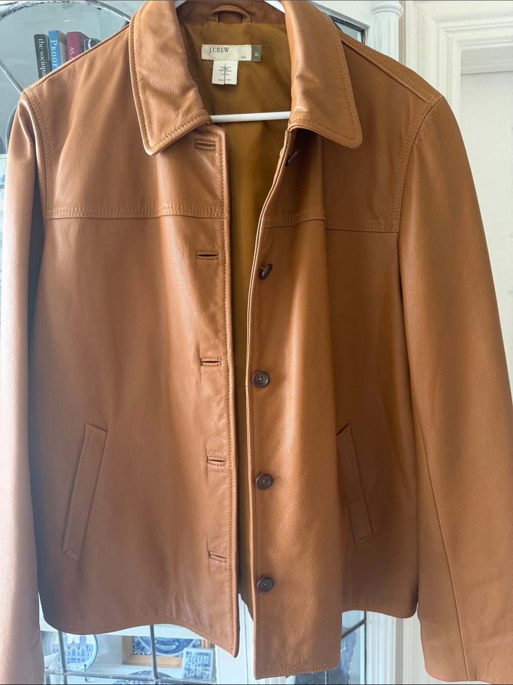 J. Crew Cognac Brown Leather Button-Front Jacket Sz XL